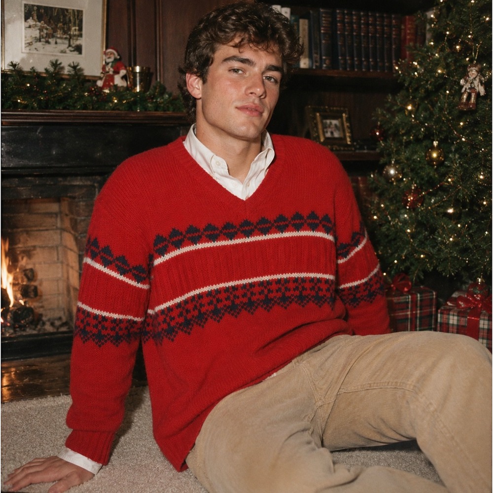 Vintage XL Sweater 100% Wool Thick Oversized Pullover Red Fair Isle Preppy‎ 90s